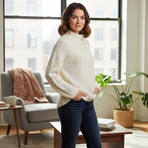 CENY Cable Knit Mock Neck Sweater NWT White Med